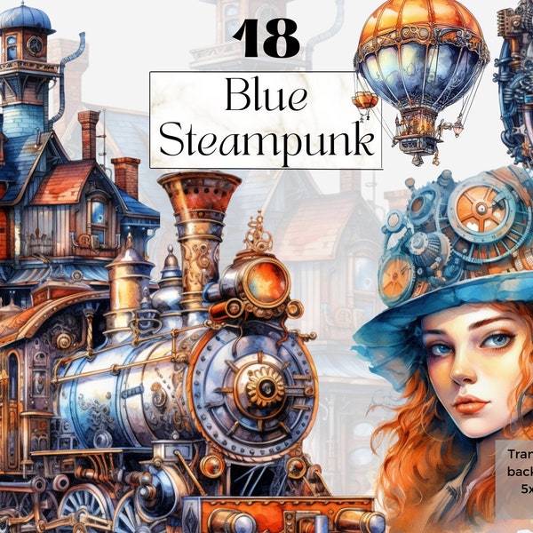 Blue Steampunk Clipart Printable, Watercolor Victorian Steampunk Png, Steampunk Svg, Junk Journal Handmade, Digital Download, Commercial Use