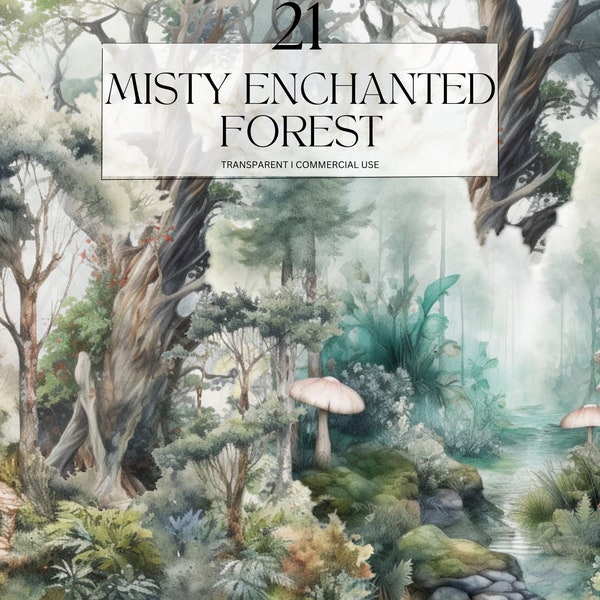 Watercolor Misty Enchanted Forest clipart, Printable Fantasy Forest Png, Nature Forest Art Print Digital Download Svg Commercial Use