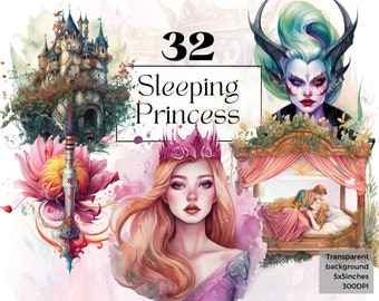 Sleeping Fairytale Princess Clipart Png, Watercolor Little Briar Rose (Original Sleeping Beauty) Printable Art, Fairytale Commercial Use Svg