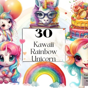 Afdrukbare Rainbow Kawaii Unicorn Png Clipart, aquarel sprookjesachtige bos baby shower kwekerij Art Print decor, mystieke fantasie kinderkamer