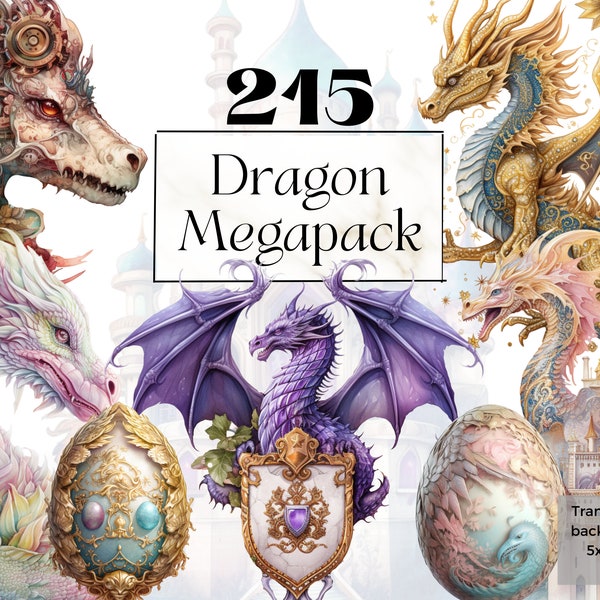 215 Watercolor Dragon Megapack, Dragon Png Clipart, Printable Dragon Art Print, Gothic Junk Journal Homemade, Fantasy Clipart, Cute Dragons