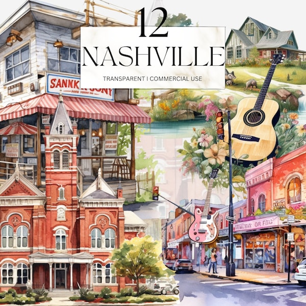 Aquarelle Nashville Clipart, imprimable Tennessee Png, itinéraire de voyage Art Print, United States USA Junk Journal fait à la main en téléchargement numérique