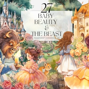 Clipart La Bella e la Bestia dell'acquerello, PNG stampabile Belle, Stampa artistica dell'invito di compleanno della festa della principessa delle fiabe delle bambine, Digital Svg