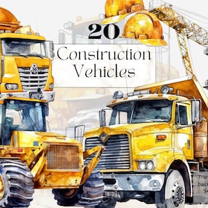 Clipart de construção para impressão, veículos de construção em aquarela Png, festa de aniversário de construção, download digital Svg, uso comercial gratuito