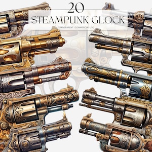 Aquarelle Steampunk Glock Clipart imprimable Revolver horlogerie mécanique Png pistolet rétro Decor Art impression téléchargement numérique Svg usage commercial