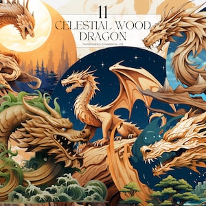 Aquarell himmlischen Holz Drachen Clipart, druckbare chinesische Neujahr Png, Dungeons und Drachen Kunstdruck digitaler Download svg kommerzielle Nutzung