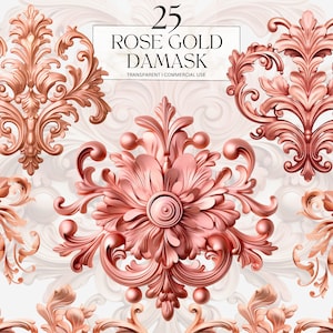 Acuarela oro rosa damasco clipart, imprimible 50 aniversario oro decoración png lujo boda arte impresión digital descargar svg uso comercial
