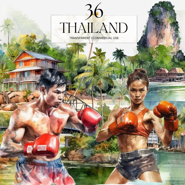 Watercolor Thailand Clipart, Printable Asia Png, Vacation Holiday Travel Itinerary Art Print, Muay Thai Beach Summer Junk Journal Handmade
