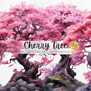 Aquarell Kirschbaum Clipart, druckbare botanische rosa Baum Png, Floral magische Bäume Art Print digitaler Download SVG freie kommerzielle Nutzung