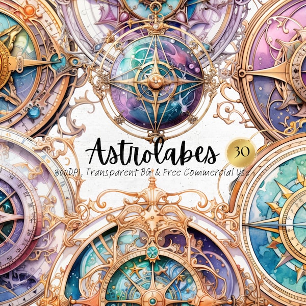 Clipart aquarelle astrolabes, imprimable Magical Fantasy céleste Png, impression d'art Light Academia téléchargement numérique Svg usage Commercial gratuit