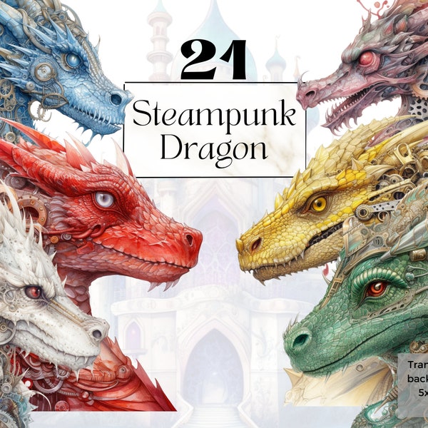 Steampunk Dragon Head Clipart Png, Watercolor Dragon Printable Art Print Decor, Fantasy clipart, Dragon png, Junk Journal Ephemera png