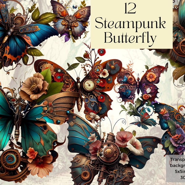 Best Classic Steampunk Butterfly Clipart, Watercolor Printable Steampunk Insect png, Moth steampunk Clipart, Fantasy Junk Journal Handmade