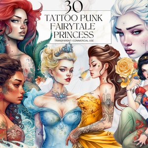 Clipart di principessa delle fiabe punk tatuaggio acquerello, fata inchiostrata stampabile Lady Png, stampa artistica incantevole Download digitale Svg Uso commerciale