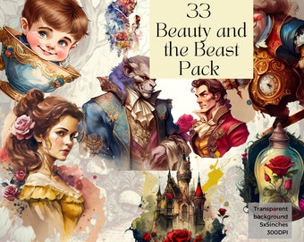 Aquarel Belle en het beest Fantasy Png Clipart, afdrukbare sprookjesachtige Disney Princess Art Print Svg, magische verhalenboek Scrapbook Ephemera