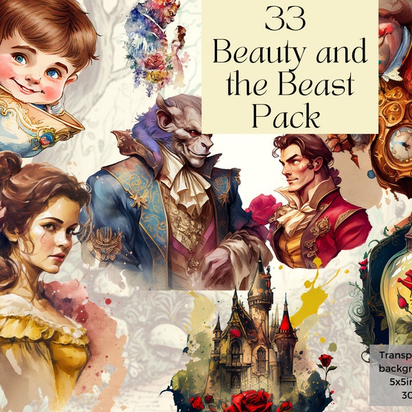 Watercolor Beauty and the Beast Fantasy Png Clipart, Printable Fairytale Disney Princess Art Print Svg, Magical Storybook Scrapbook Ephemera
