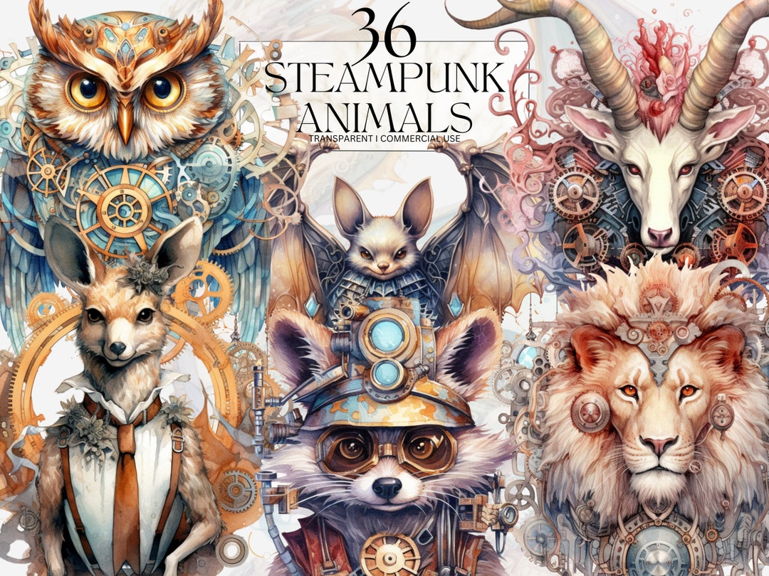 Watercolor Steampunk Animals Clipart, Printable Mechanical Creatures ...