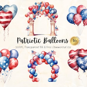 Acuarela Globos patrióticos Clipart Imprimible 4 de julio Bandera estadounidense Día de la independencia Junk Journal Casero Svg Png Descarga digital