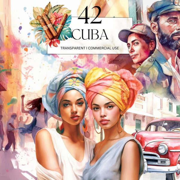 Watercolor Cuba Clipart, Printable Cuban Cigar Png Mediterranean Travel Itinerary Art Print, Havana Junk Journal Handmade Digital Download