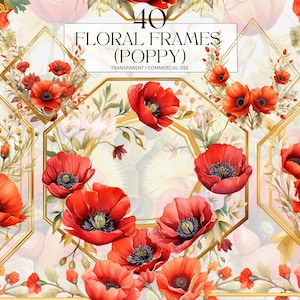 Aquarelle Floral Frames Poppy Clipart, Printable Botanical Floral Ephemera Png, Nature Flower Art Print Digital Download Svg Utilisation commerciale