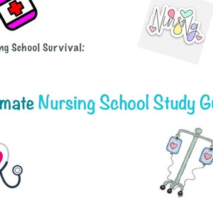 Puede incluir: Texto Ultimate Nursing School Study Guides con una botella rosa con una cruz roja, un estetoscopio con un corazón rosa y un soporte de infusión con dos bolsas con corazones rosas.