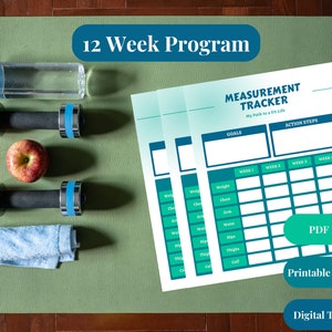 May include: A printable 12-week measurement tracker with a teal and white colour scheme. The tracker includes sections for goals, action steps, and weekly measurements for weight, chest, arm, waist, hips, thighs, and calf.