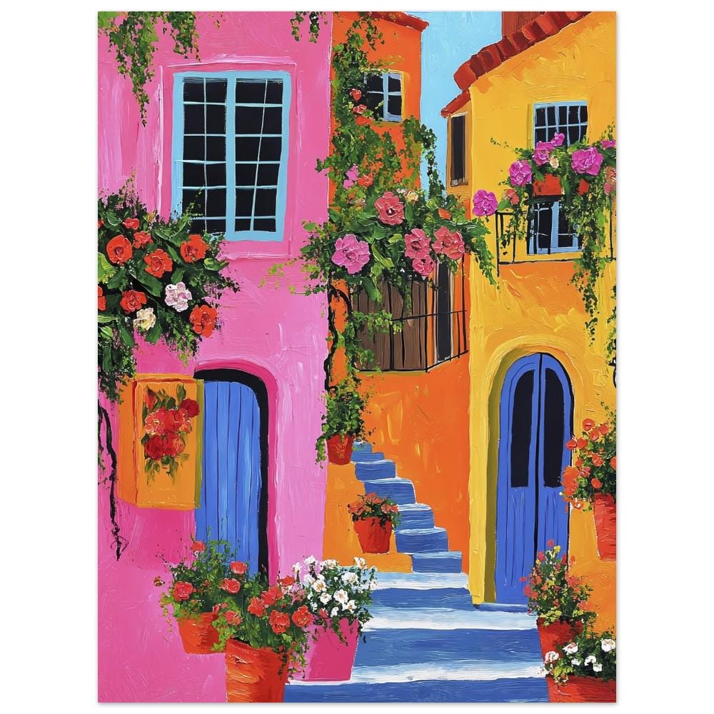 Colorful Houses Naive Painting: Whimsical Floral Art Print - Etsy