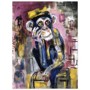 May include: A colorful abstract painting of a chimpanzee wearing a yellow hat, sitting with its chin resting on its hand. The background is a mix of pink, gray, and black.