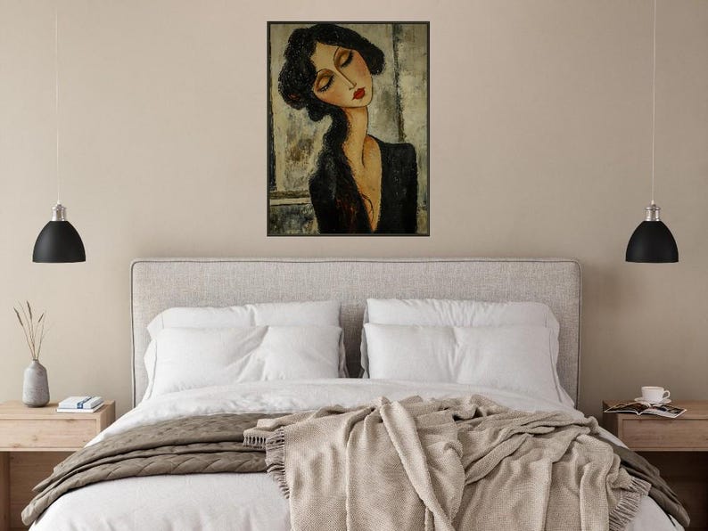 Póster enmarcado inspirado en Modigliani de una mujer vestida de negro - Impresión artística vintage imagen 5