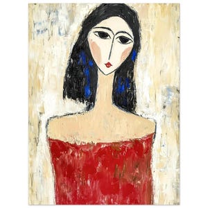 Impresión artística de mujer de ojos grandes: retrato elegante con cabello negro, traje rojo y fondo jaspeado Póster clásico de papel mate