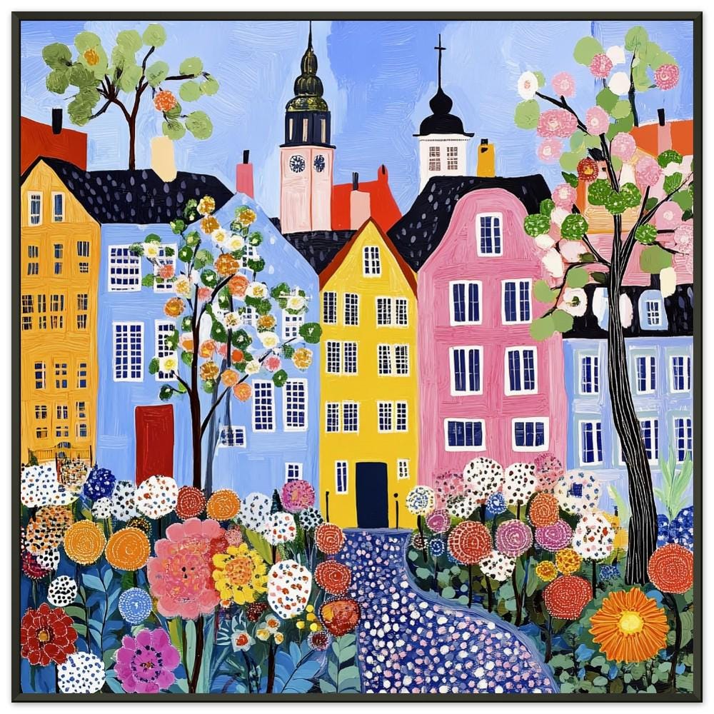 Stockholm Old Town Art Print: Naive Colorful Houses, Black Metal