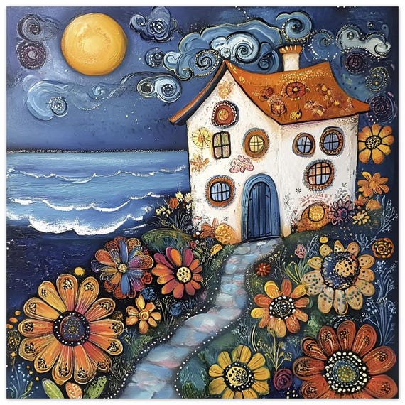 Naive Art House Painting: Whimsical Vintage Style Foam Print - Etsy
