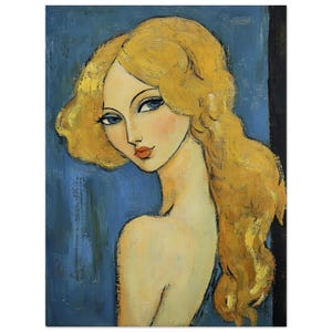 Impresión artística abstracta de mujer rubia: cabello suelto, grandes ojos azules y fondo azul Póster de papel mate premium