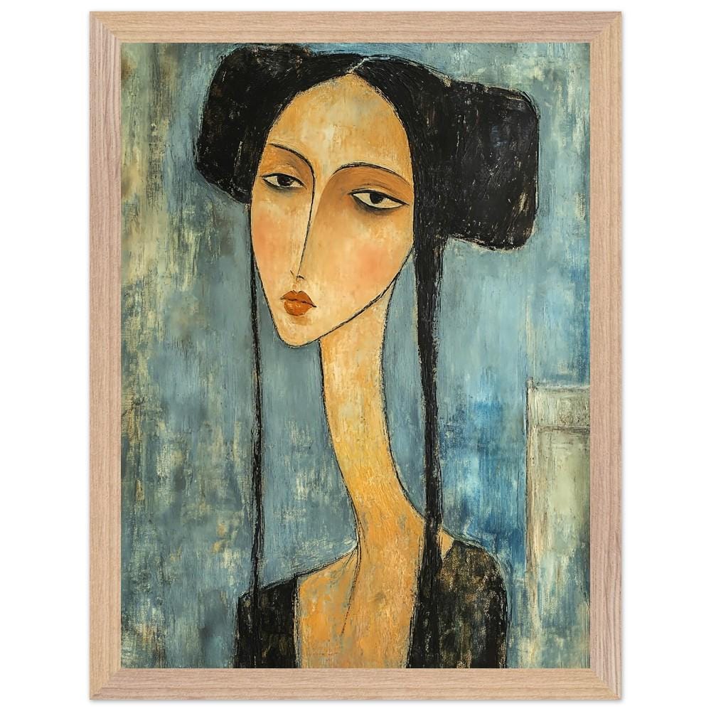 モディリアーニ風肖像画アートプリント：長い首を持つ優雅な女性、額