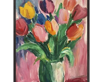 緑の花瓶に入ったチューリップの額入りポスター – 鮮やかな花の絵画