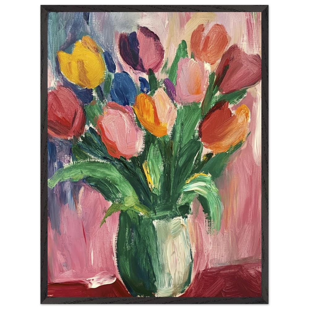 緑の花瓶に入ったチューリップの額入りポスター – 鮮やかな花の絵画