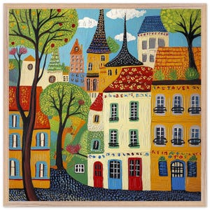 Affascinanti strade parigine: dipinti naif di case colorate - Poster artistico incorniciato