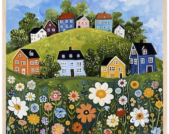 Norrland Village Naive Painting – Whimsical Framed Summer Flowers Poster