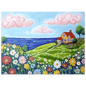 Póster de papel semibrillante de primera calidad con diseño de casa amarilla de estilo naif: promontorio del archipiélago de Estocolmo con flores, mar y nubes rosas