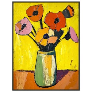 Póster floral retro enmarcado: flores vintage en jarrón; arte de pared con marco de metal negro