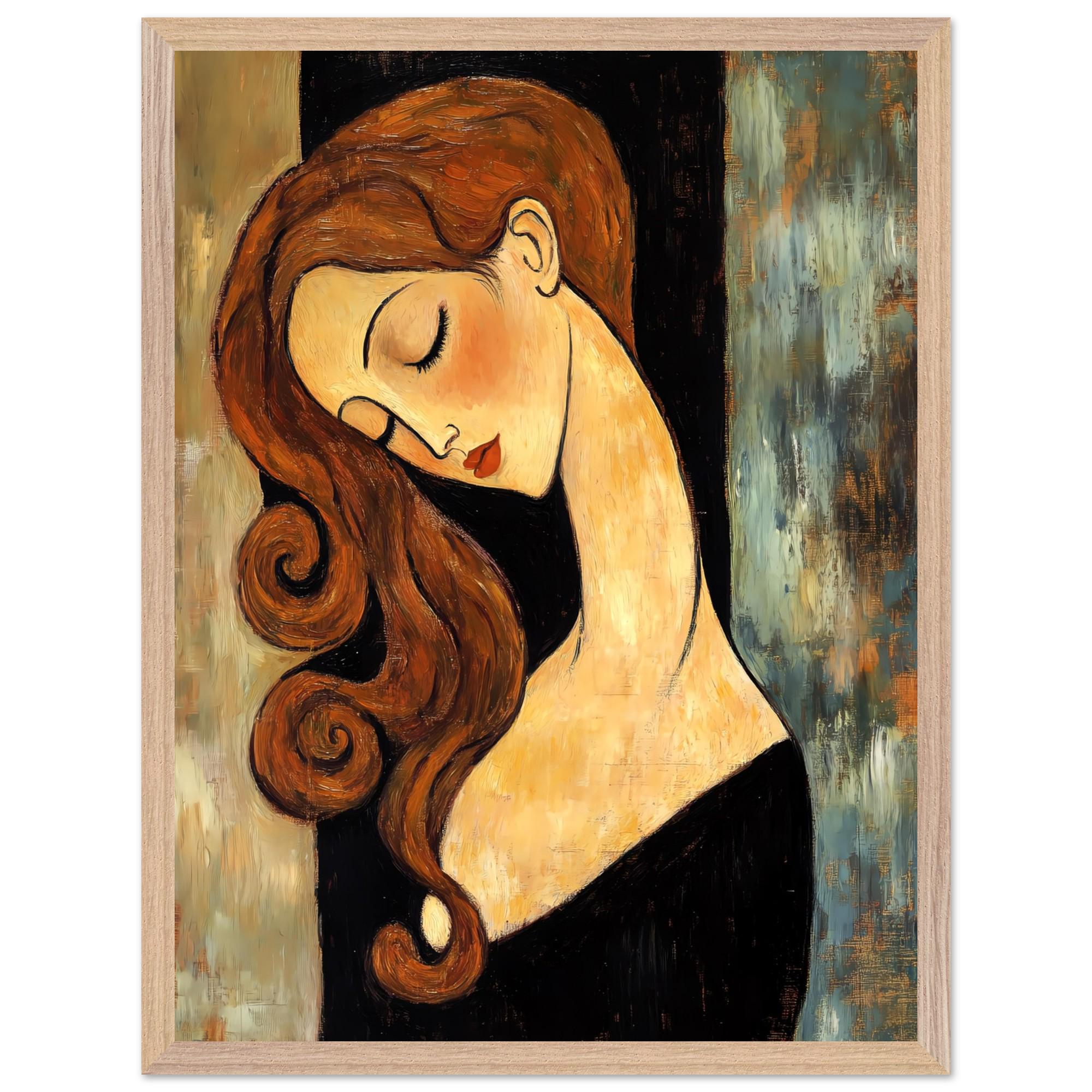Modigliani Style Woman Portrait Print: Auburn Hair, Wooden Frame