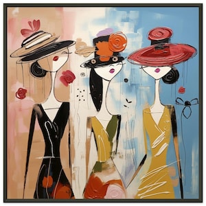 May include: A painting depicting four women wearing colourful hats and dresses. The women are standing in a line, with a background of blue, pink and white.