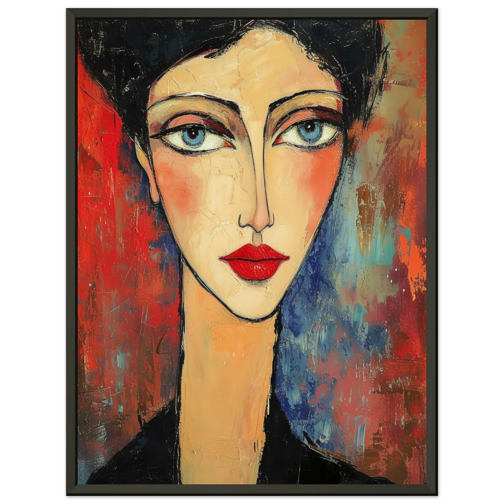 Modigliani-inspired Woman Portrait Art Print: Big Blue Eyes, Black Modigliani-inspired Woman Portrait Art Print: Big Blue Eyes, Black