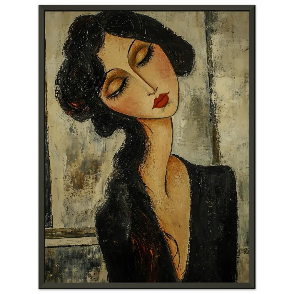 Modigliani Inspired Framed Poster of Woman in Black Dress