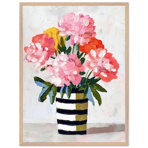 Póster de pintura floral enmarcada - Hermoso jarrón a rayas - Listo para colgar - Regalo de decoración de pared