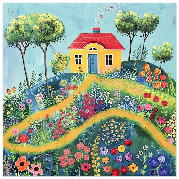 Naïve Art Painting - Yellow House on Hill With Flowers & Road