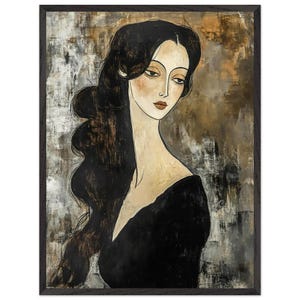 May include: An abstract portrait painting of a woman with long, dark hair and a black dress. The artwork features a muted colour palette with brown, grey, and beige tones, framed in a dark wooden frame. The woman's expression is pensive.