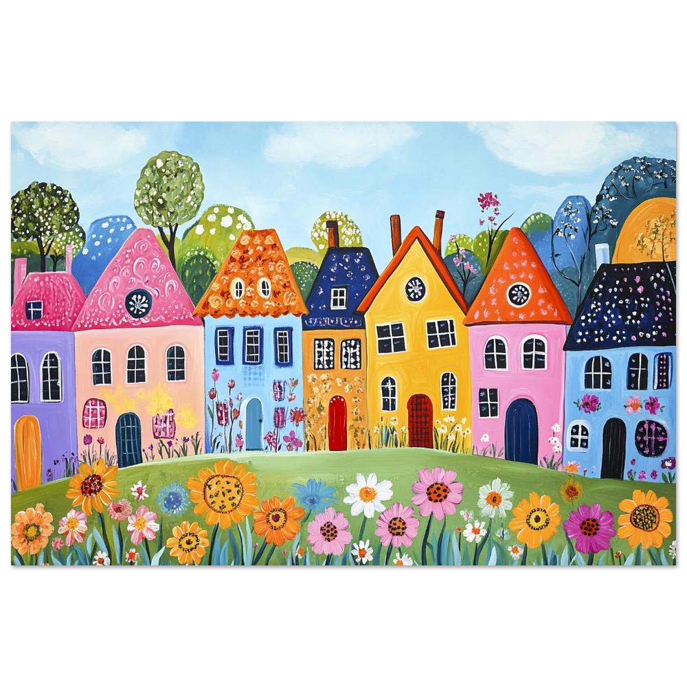 Whimsical Naive Art Painting of Charming Row Houses in a Colorful