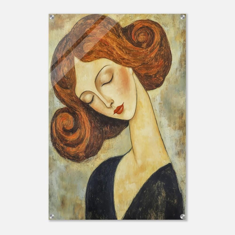 Enchanting Abstract Acrylic Print - Redhead Woman in Black Dress