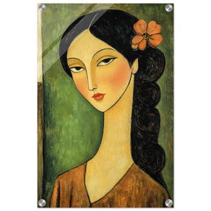 Elegant Long-Necked Beauty: Acrylic Print of Dark-Haired Woman with Floral Accent 40x60 cm / 16x24″