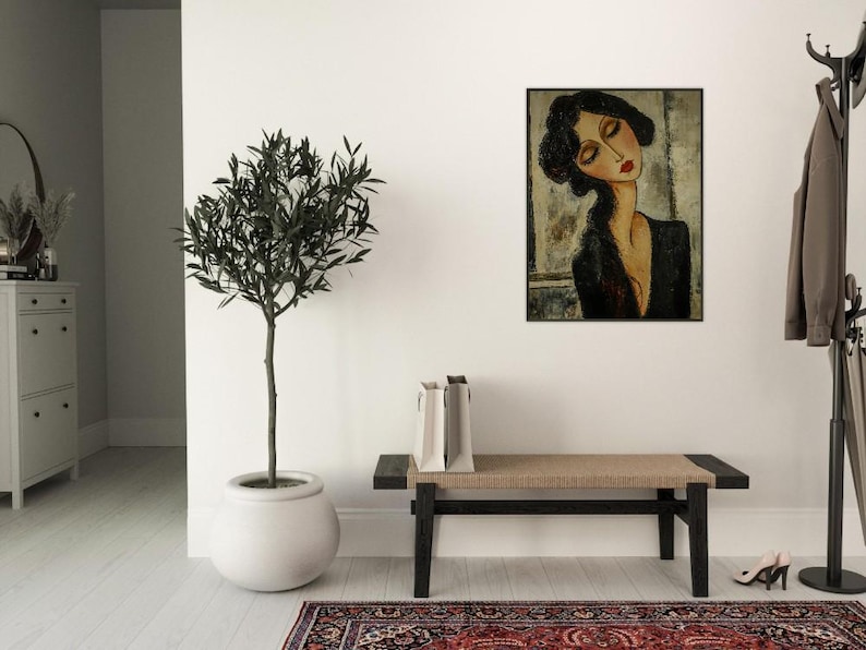 Póster enmarcado inspirado en Modigliani de una mujer vestida de negro - Impresión artística vintage imagen 4